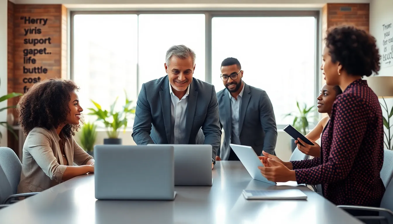 diverse professionals discussing empathy in a modern office setting.