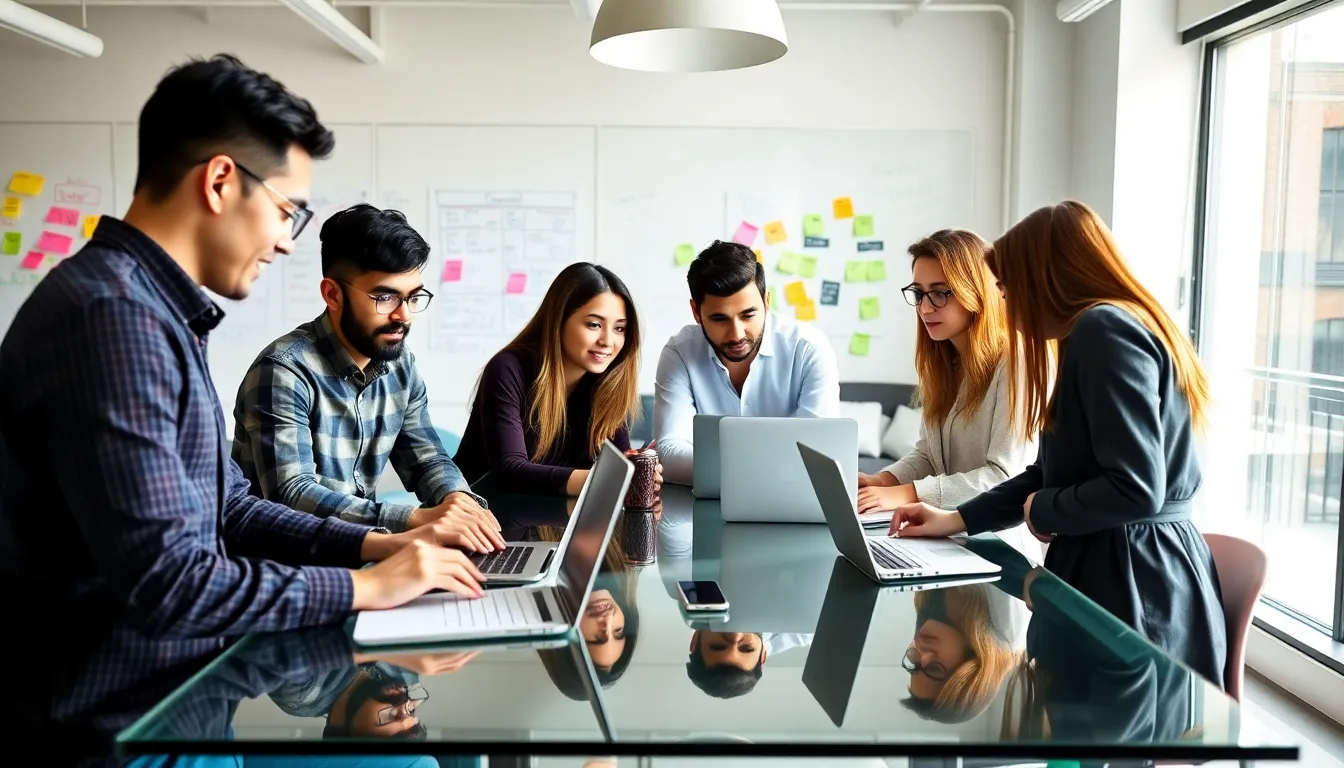 diverse team collaborating in a modern open workspace.