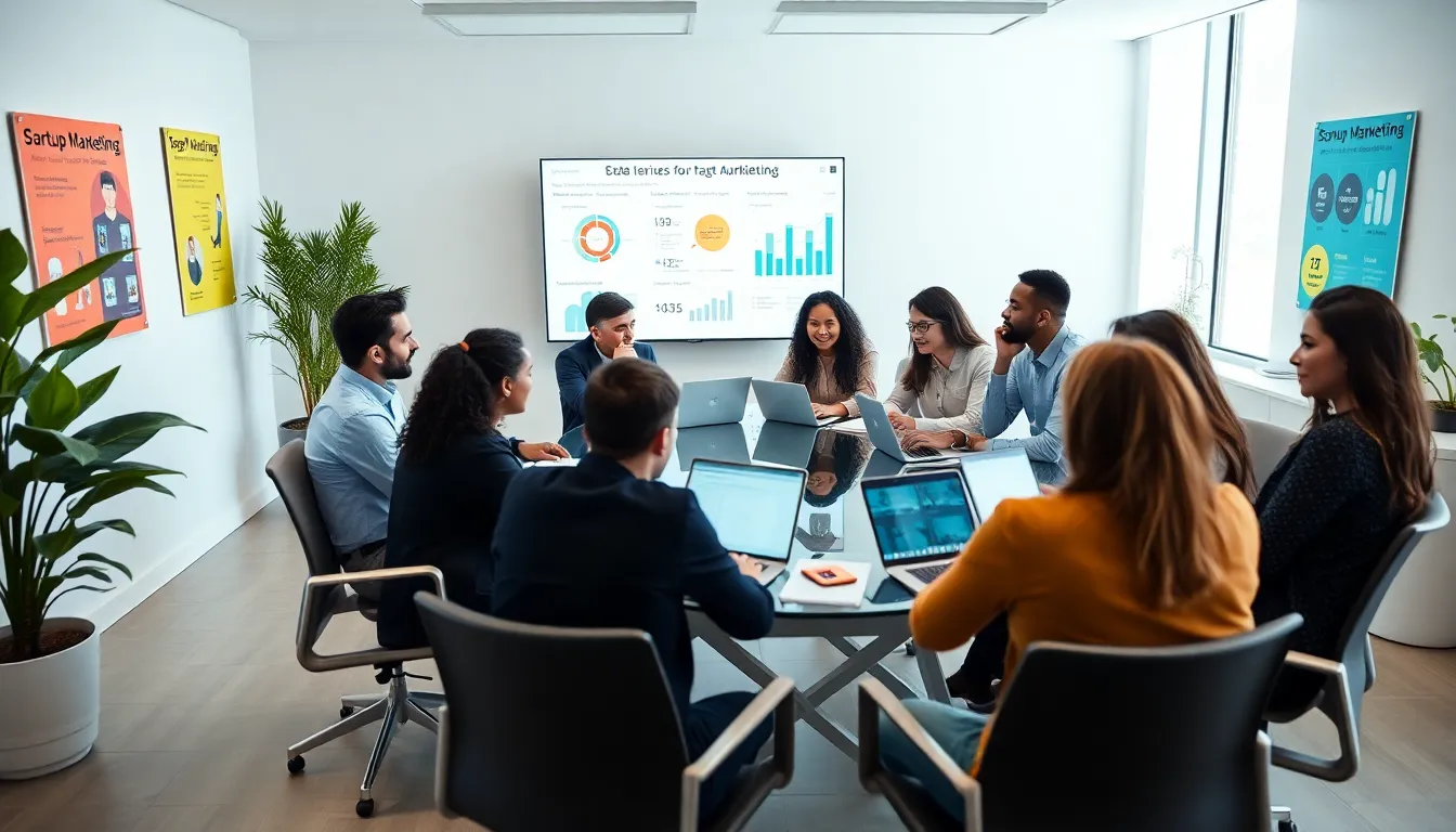 diverse marketing team collaborating in a modern office