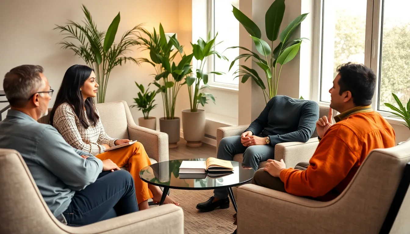 diverse group discussing relationship advice in a modern office.